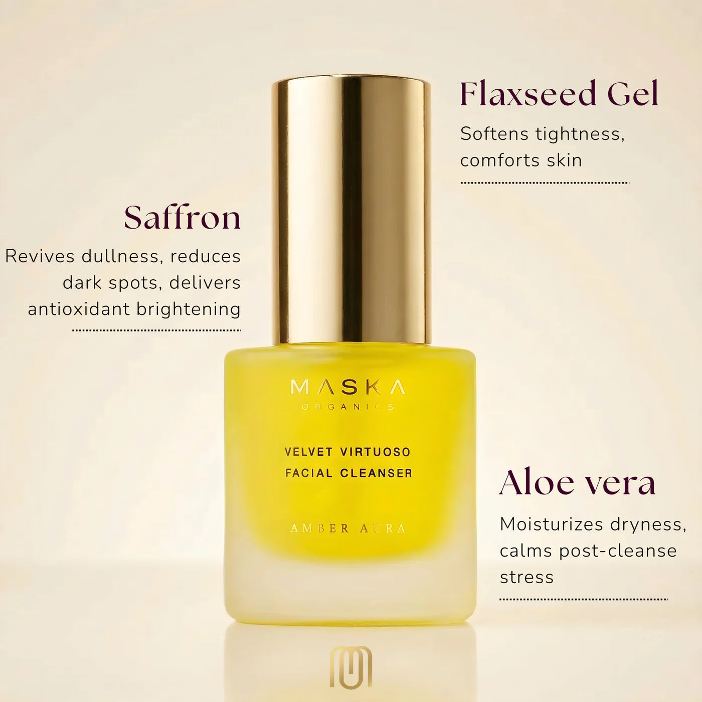 Maska Organics Velvet Virtuoso Facial Cleanser featuring saffron, aloe vera and flaxseed gel, highlighting ingredients that help brighten, soothe and comfort sensitive skin