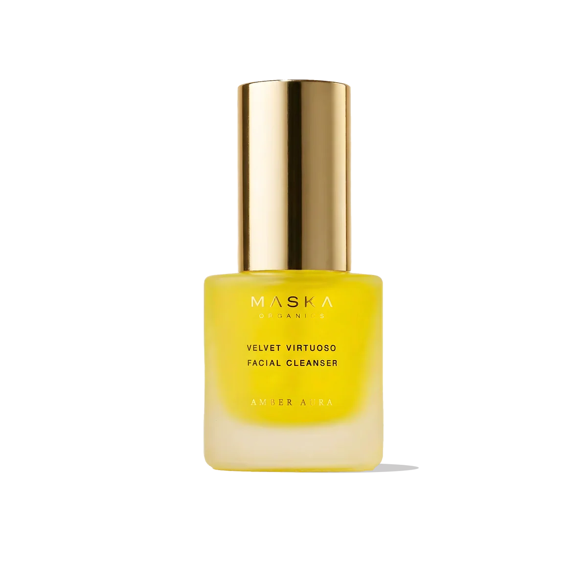 Maska Organics Velvet Virtuoso Facial Cleanser Premiere Size 30ml — luxury travel-size Ayurvedic facial cleanser with saffron, aloe vera and botanical cleansing ingredients, frosted glass bottle with gold pump and cap, transparent background