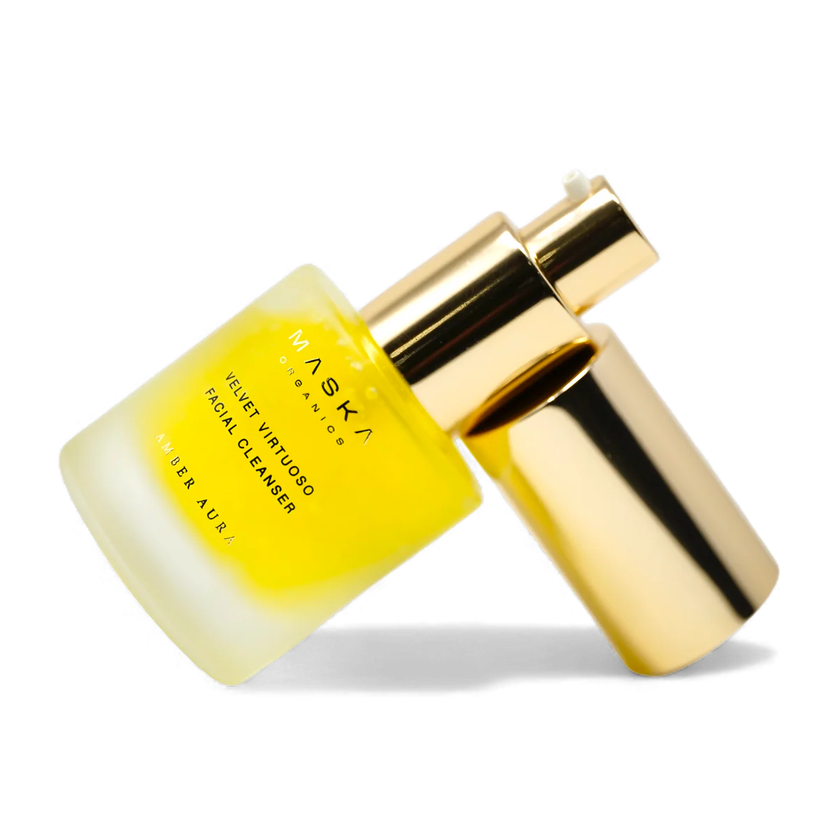 Maska Organics Velvet Virtuoso Facial Cleanser Premiere Size 30ml — Ayurvedic facial cleanser with saffron, aloe vera, flaxseed gel and plant-derived surfactants, luxury frosted glass bottle with gold pump and detached cap, gentle cleanser for sensitive skin, transparent background