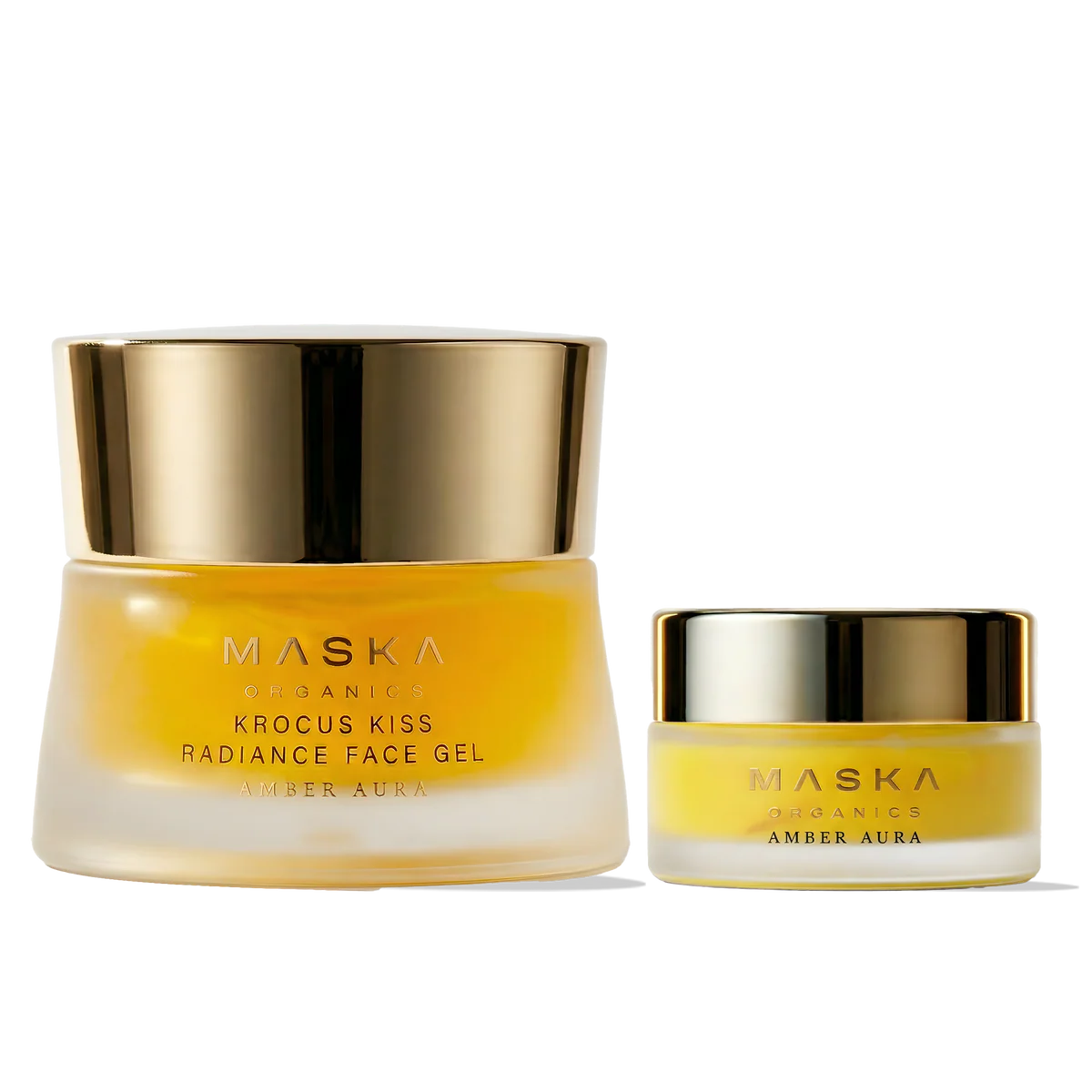 Maska Organics Krocus Kiss Radiance Face Gel collection — Full Size and Premiere Size Ayurvedic saffron face gels with aloe vera and botanical hydrators in luxury frosted glass jars, transparent background