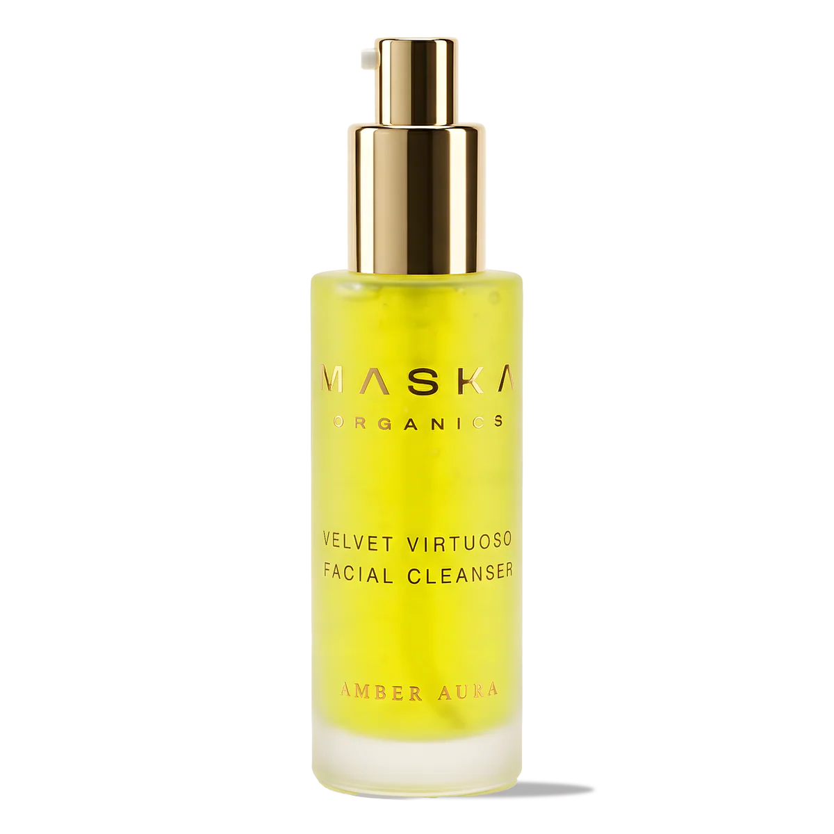 Maska Organics Velvet Virtuoso Facial Cleanser — Ayurvedic face cleanser for sensitive skin with saffron, aloe vera and botanical cleansing ingredients, luxury gold pump bottle, helps remove impurities while supporting skin barrier comfort, transparent background