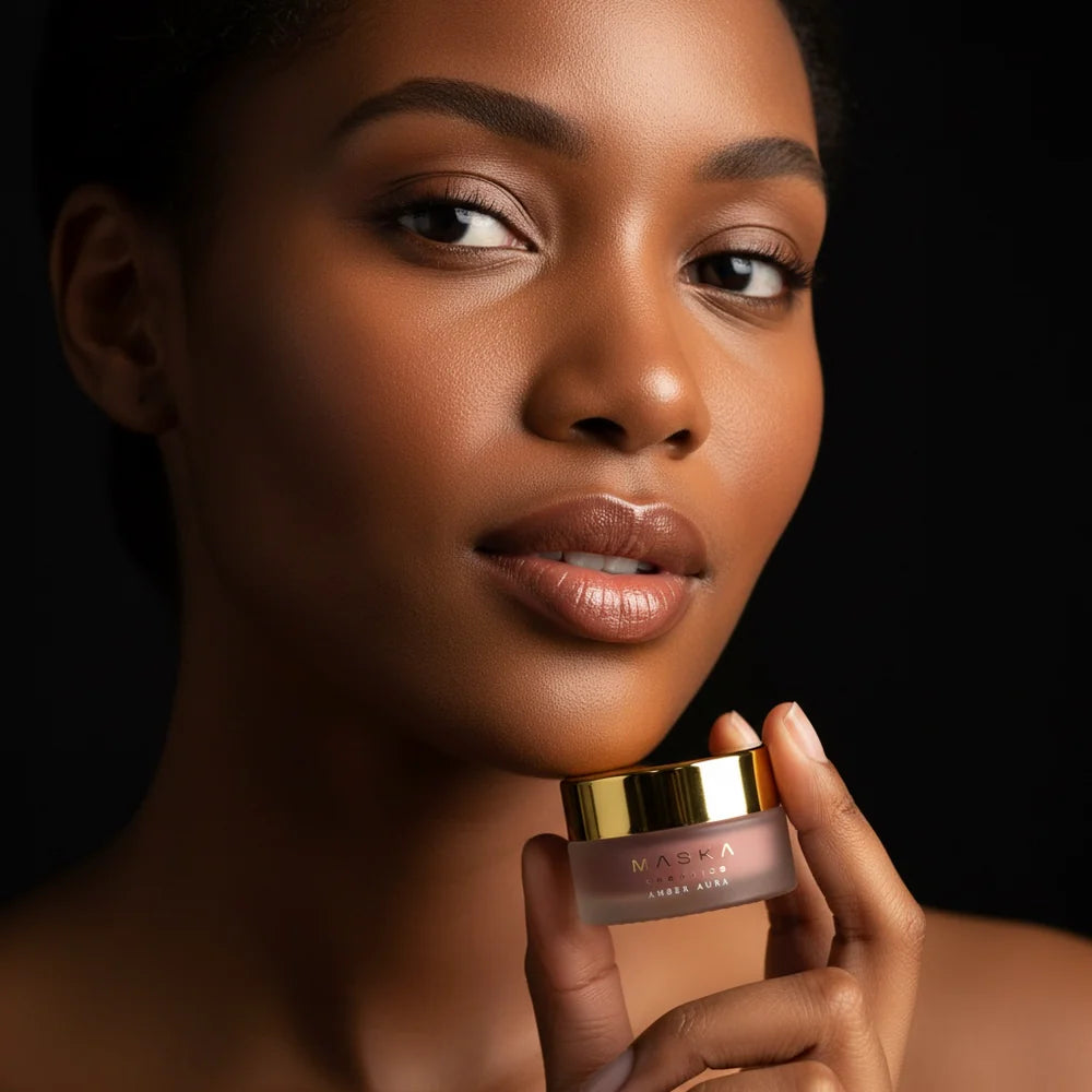 Model holding Mystic Mellow Blush Lip Butter, showcasing naturally hydrated lips with a soft healthy-looking finish