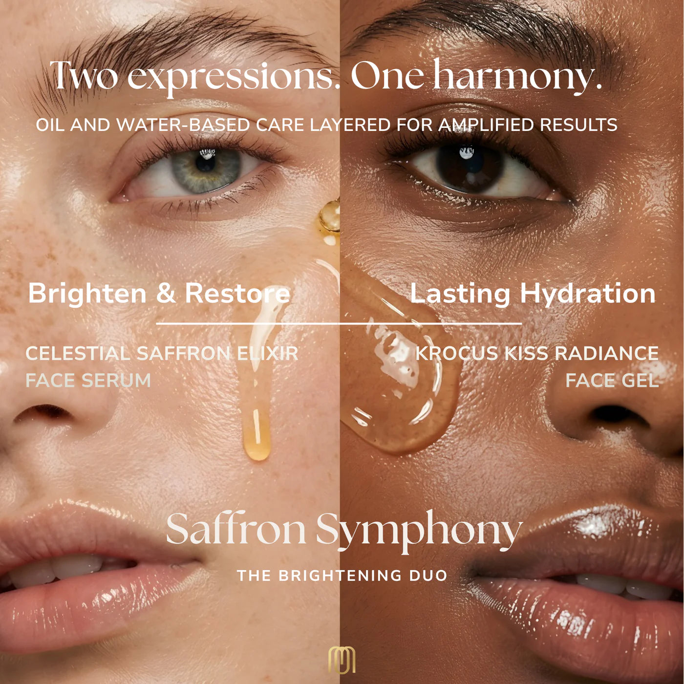 Maska Organics Saffron Symphony brightening duo featuring Celestial Saffron Elixir Face Serum and Krocus Kiss Radiance Face Gel layered together for enhanced radiance, hydration and skin renewal