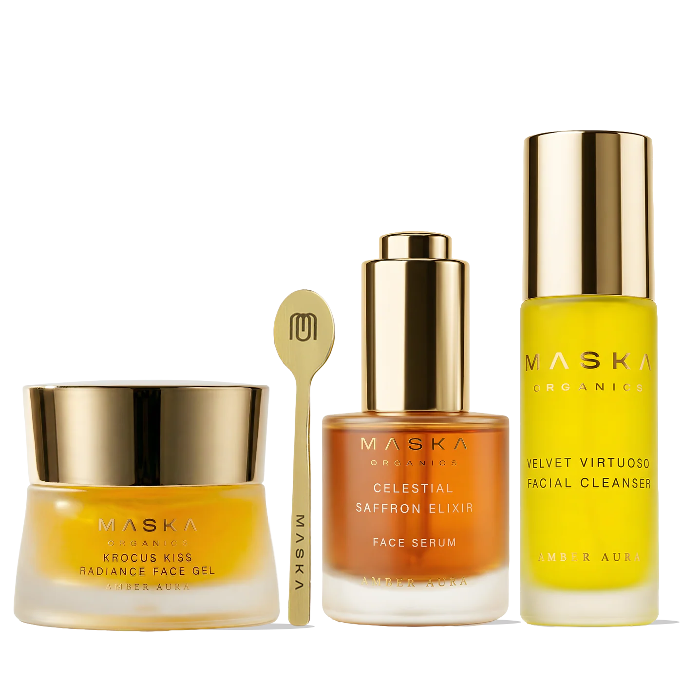 Maska Organics Serene Saffron Suite Magnum Opus luxury Ayurvedic skincare collection featuring Velvet Virtuoso Facial Cleanser 50ml, Celestial Saffron Elixir Face Serum 30ml, Krocus Kiss Radiance Face Gel 50g and signature brass applicator, a complete skincare ritual designed to cleanse, brighten and hydrate skin