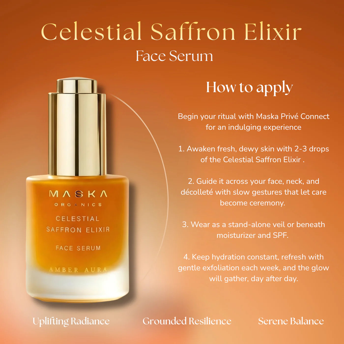 Maska Organics Celestial Saffron Elixir Face Serum application guide — step-by-step instructions for applying Ayurvedic saffron serum to support hydration, radiance and balanced-looking skin