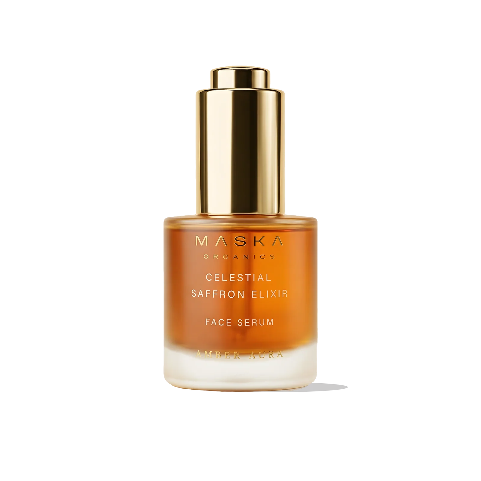 Maska Organics Celestial Saffron Elixir Face Serum — Ayurvedic saffron facial serum with licorice, lotus, sandalwood and manjistha, luxury frosted glass bottle with gold cap, supports radiant and even-looking skin, transparent background