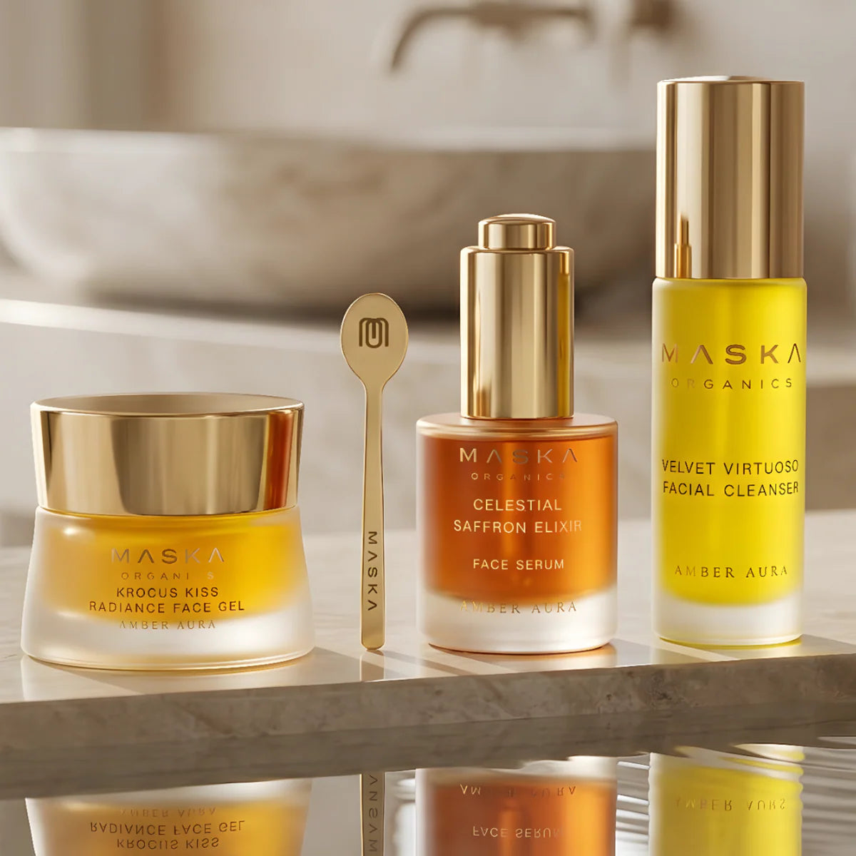 Maska Organics Serene Saffron Suite featuring Velvet Virtuoso Facial Cleanser, Celestial Saffron Elixir Face Serum, Krocus Kiss Radiance Face Gel and signature brass applicator for a complete skincare ritual