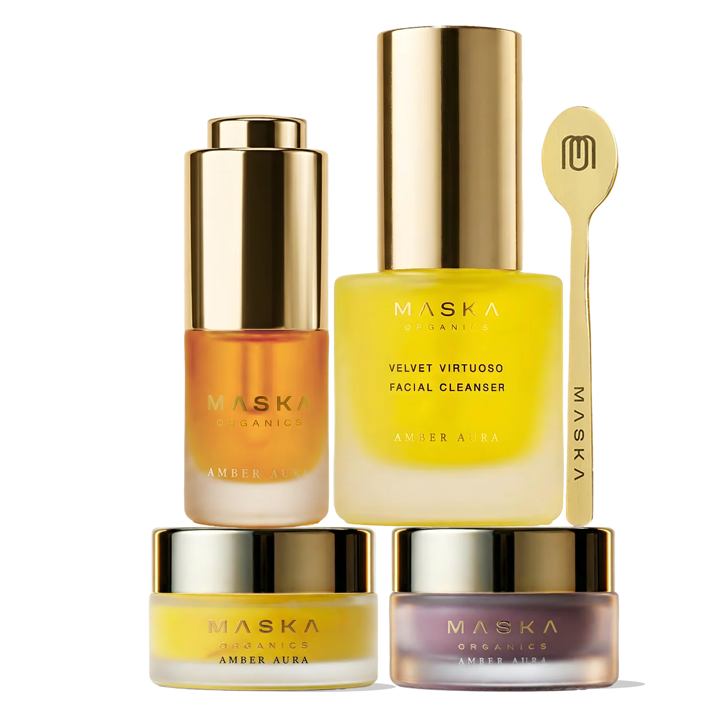 Maska Organics The Auric Harmony Suite Premiere travel-size Ayurvedic skincare collection featuring Velvet Virtuoso Facial Cleanser 30ml, Celestial Saffron Elixir Face Serum 5ml, Krocus Kiss Radiance Face Gel 10g, Mystic Mellow Blush Lip Butter 5g and signature brass applicator, a complete skincare ritual designed to cleanse, brighten, hydrate and nourish skin and lips