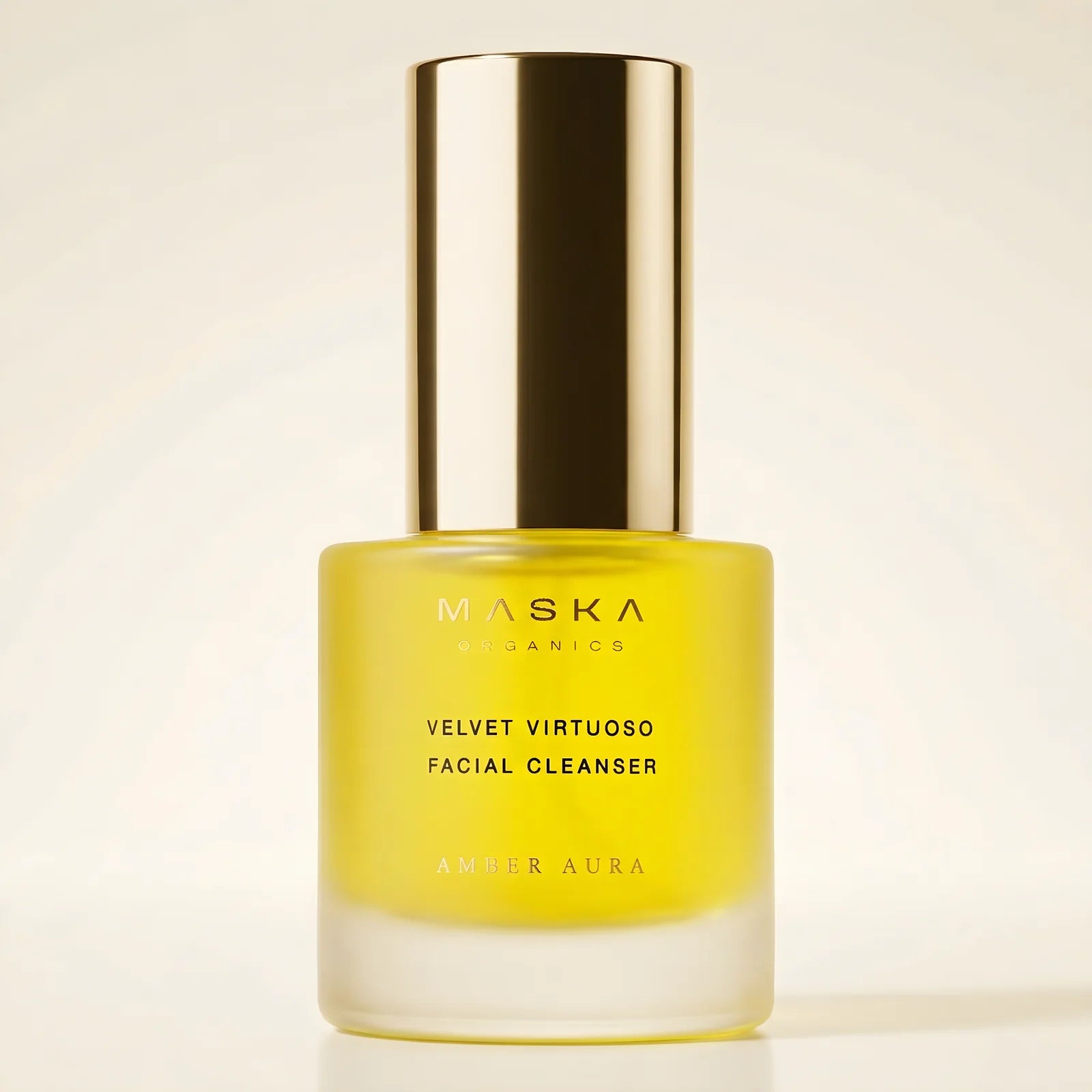 Maska Organics Velvet Virtuoso Facial Cleanser in frosted glass packaging with gold cap from the Amber Aura collection