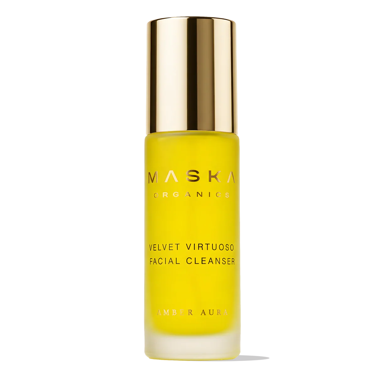 Maska Organics Velvet Virtuoso Facial Cleanser — Ayurvedic facial cleanser formulated with saffron, aloe vera and flaxseed gel, gentle daily cleanser for sensitive skin in premium gold and frosted glass packaging, transparent background