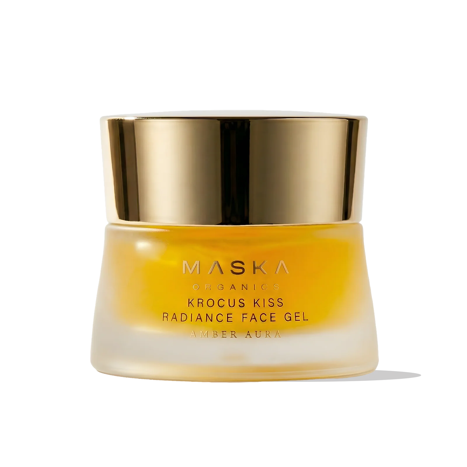 Maska Organics Krocus Kiss Radiance Face Gel — Ayurvedic saffron face gel with aloe vera, lightweight water-based hydration for sensitive skin, luxury frosted glass jar, transparent background