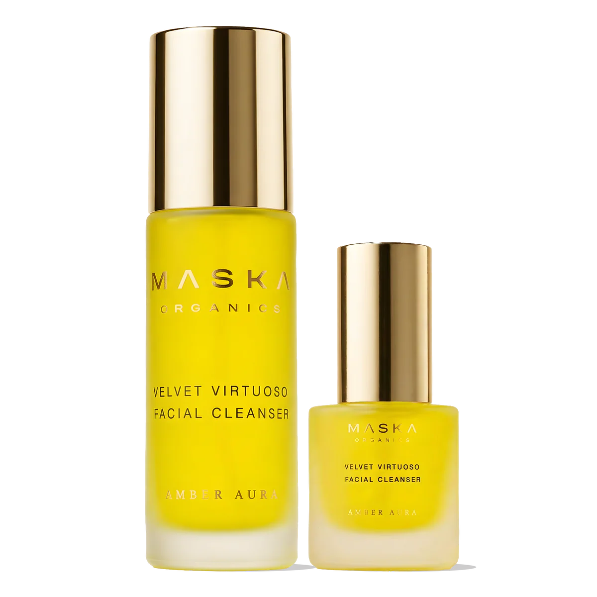 Maska Organics Velvet Virtuoso Facial Cleanser — Full Size 100ml and Premiere Size 30ml Ayurvedic facial cleansers with saffron, aloe vera and botanical cleansing ingredients, luxury frosted glass packaging, transparent background