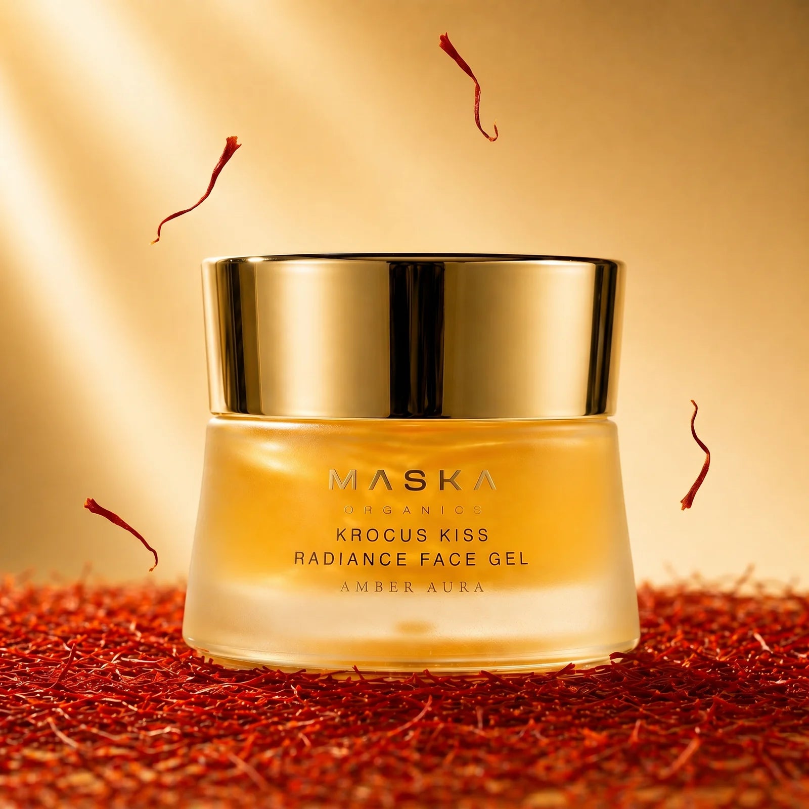 Krocus Kiss Radiance Face Gel displayed with saffron strands, highlighting the Ayurvedic-inspired botanical formulation