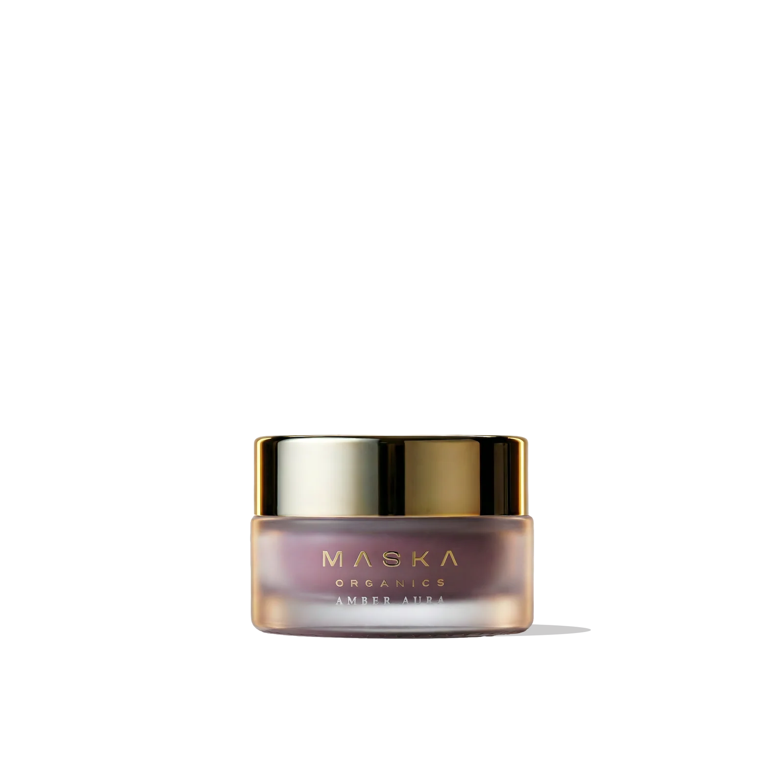 Maska Organics Mystic Mellow Blush Lip Butter — botanical lip butter with beetroot, beeswax, strawberry seed oil and cocoa butter, providing nourishing hydration and a soft natural blush tint, luxury frosted glass jar with gold cap, transparent background