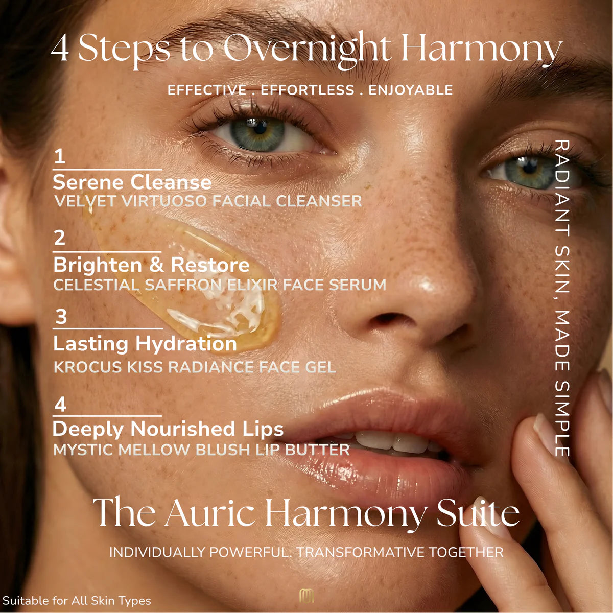 Model showcasing Maska Organics The Auric Harmony Suite skincare ritual featuring Velvet Virtuoso Facial Cleanser, Celestial Saffron Elixir Face Serum, Krocus Kiss Radiance Face Gel and Mystic Mellow Blush Lip Butter for radiant, hydrated and balanced skin