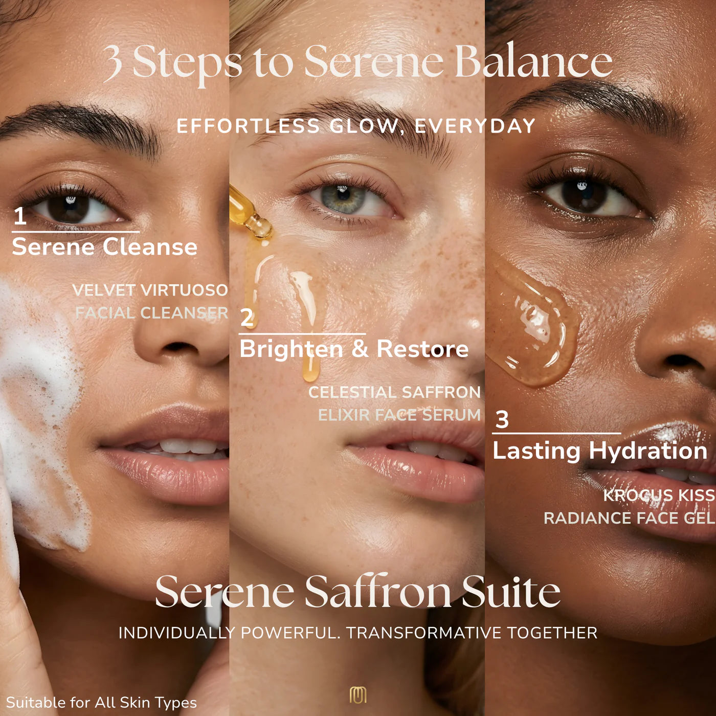 Maska Organics Serene Saffron Suite three-step Ayurvedic skincare ritual featuring Velvet Virtuoso Facial Cleanser, Celestial Saffron Elixir Face Serum and Krocus Kiss Radiance Face Gel for cleansing, brightening and lasting hydration