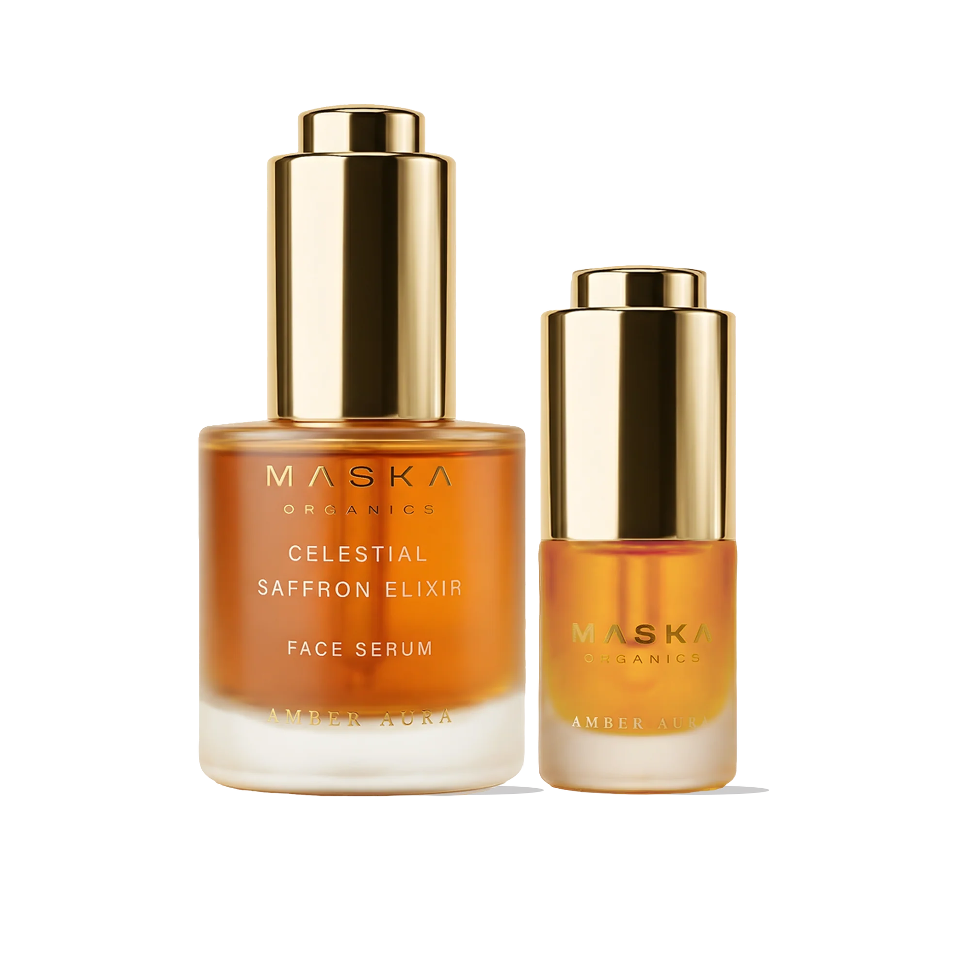 Maska Organics Celestial Saffron Elixir Face Serum — Full Size 30ml and Premiere Size 5ml Ayurvedic saffron face serums in luxury frosted glass packaging with gold caps, transparent background