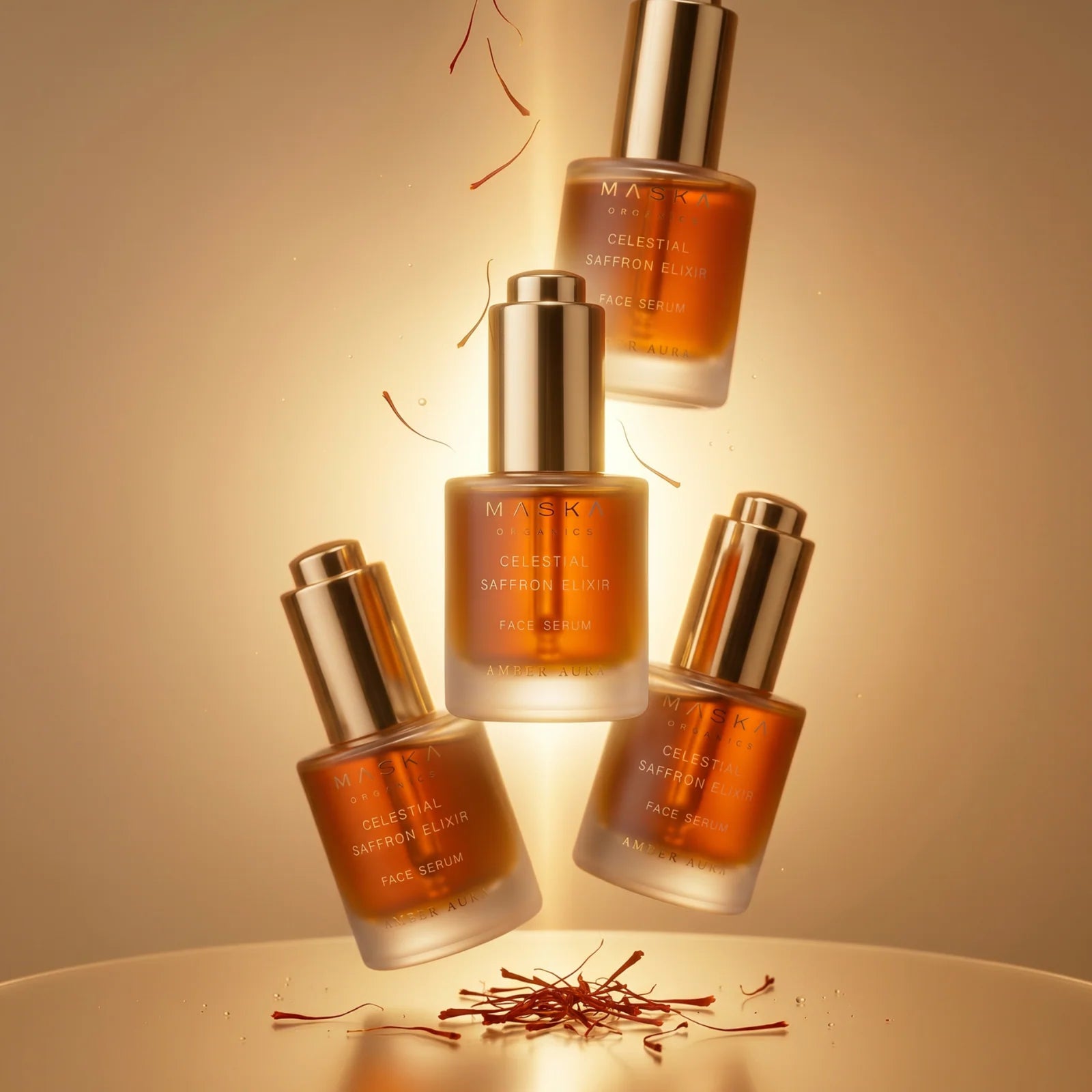 Celestial Saffron Elixir face serum bottles showcased with saffron strands, highlighting the Ayurvedic-inspired botanical formulation