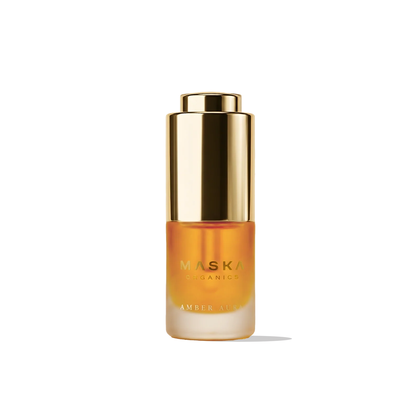 Maska Organics Celestial Saffron Elixir Face Serum Premiere Size 30ml — Ayurvedic saffron face serum with saffron, licorice, lotus, sandalwood and manjistha, luxury frosted glass bottle with gold cap, supports a brighter and more even-looking complexion, transparent background
