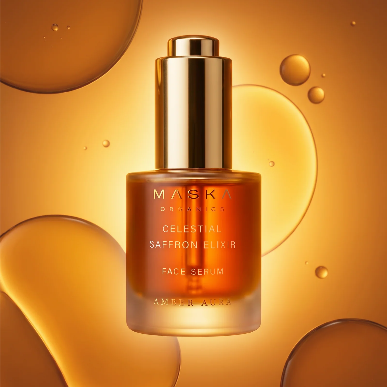 Maska Organics Celestial Saffron Elixir face serum displayed against a golden saffron-infused serum texture with luminous botanical droplets