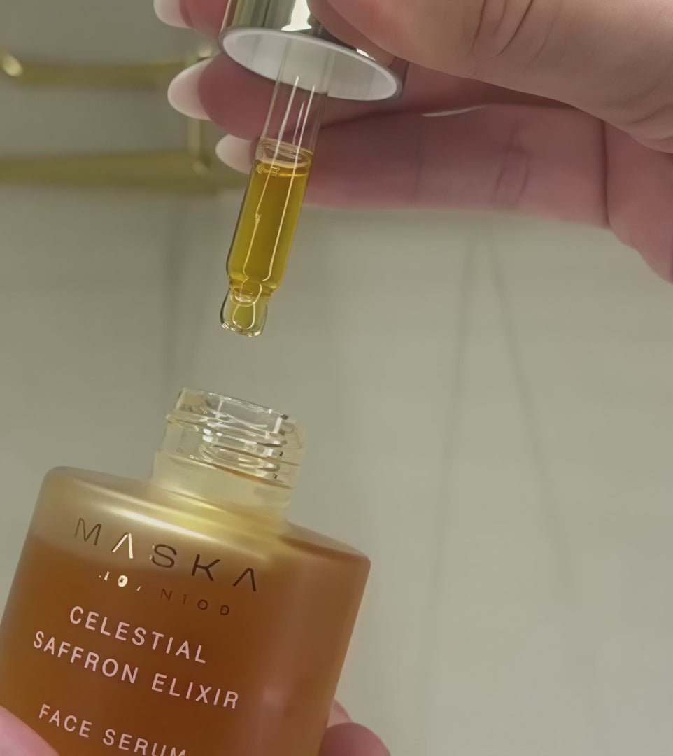 Maska Organics Celestial Saffron Elixir Face Serum video — showcasing the luxurious saffron-infused serum texture, golden botanical formula and lightweight oil-based consistency for radiant-looking skin